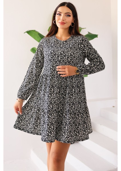 Kadın Siyah Beyaz Çiçekli Desenli Uzun Kollu Mini Elbise - Kadın Elbise modelleri
