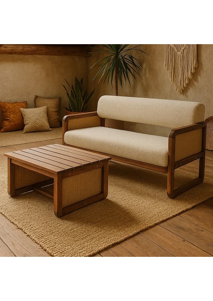 Alaves Hazeran Jüt Çay Seti Ceviz Ahşap,sütlü Kahve (1 Adet Ikili Berjer 1 Adet Sehpa)