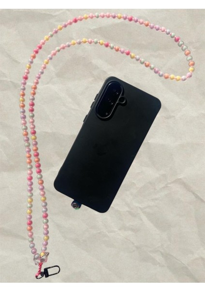 Tüm Kılıflara Uyumlu Pembe Boncuklu Boyun Telefon Askısı (GÖRSELDEKİ ŞEFFAF KELEBEK FİGÜRÜ ARTIK YOK,LÜTFEN BUNU BİLEREK SİPARİŞ VERİN.)