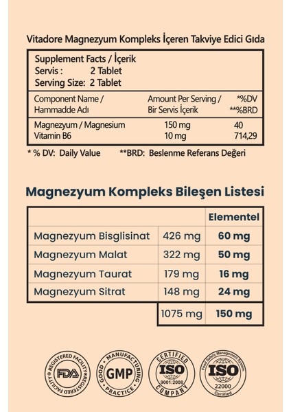 Vital Magnezyum Kompleks 4'lü Form: Bisglisinat, Malat, Taurat, Sitrat | B6 Vitamini | 60 Tablet fırsatları