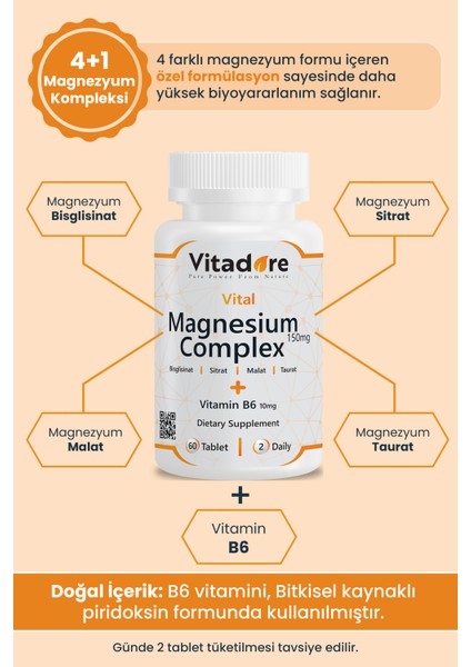 Vital Magnezyum Kompleks 4'lü Form: Bisglisinat, Malat, Taurat, Sitrat | B6 Vitamini | 60 Tablet indirimleri