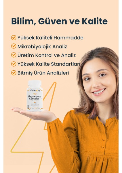 Vital Magnezyum Kompleks 4'lü Form: Bisglisinat, Malat, Taurat, Sitrat | B6 Vitamini | 60 Tablet