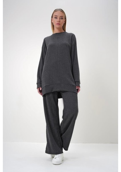 Kadın Antrasit 2 Iplik Sweatshirt ve Pantolon Eşofman Takımı Rahat Spor ve Günlük Giyim