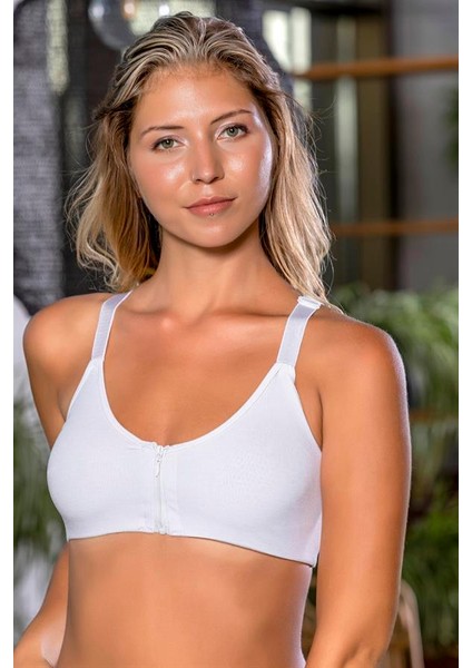 Fermuarlı Pamuklu Sporcu Sütyeni Beyaz (MGP1061)