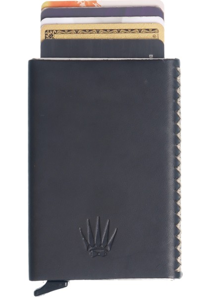 Cortex Slim Siyah Hakiki Deri Bölmeli Kızaklı Mekanizmalı Kartlık