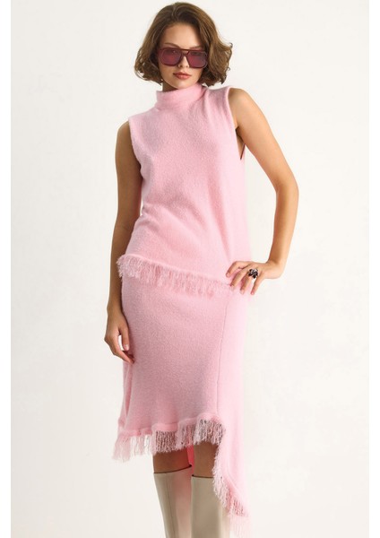 Kadın Püsküllü Asimetrik Örgü Etek Bluz Alt-Üst Takım