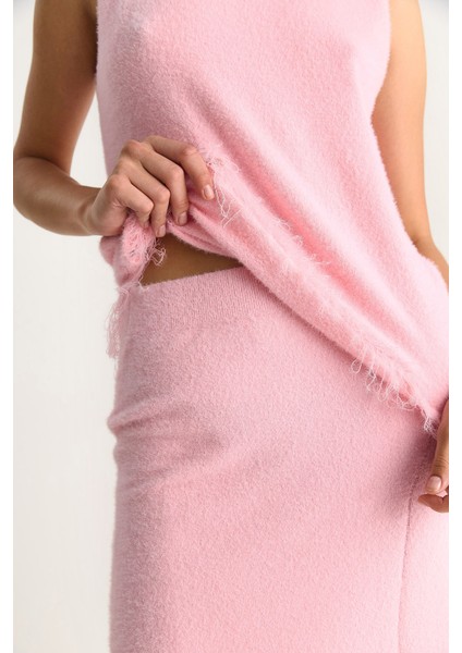 Kadın Püsküllü Asimetrik Örgü Etek Bluz Alt-Üst Takım