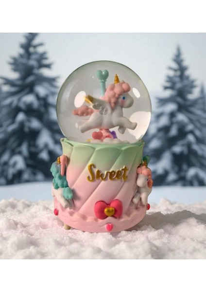 Sweet Unicorn Müzikli Işıklı Kar Küresi – Pembe & Pastel Renkli Vip