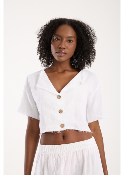 Beyaz Müslin Düğmeli Salaş Gömlek Kadın Günlük Bohem Tarz Rahat Üst (S) modelleri