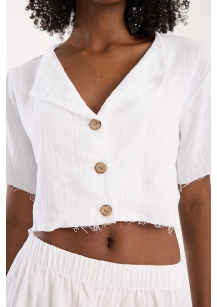 Beyaz Müslin Düğmeli Salaş Gömlek Kadın Günlük Bohem Tarz Rahat Üst (S) fırsatları