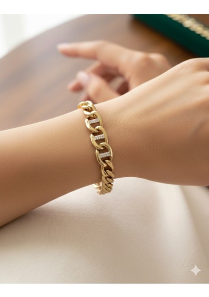 Kadın 14 Ayar Altın Kaplama Kalın Zincir Xuping Taşlı Bileklik – Şık ve Işıltılı Model
