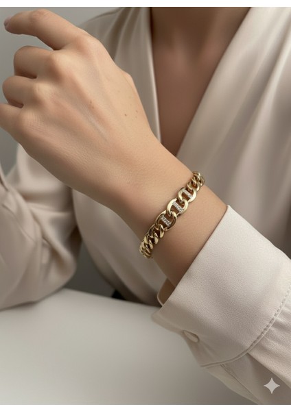 Kadın 14 Ayar Altın Kaplama Kalın Zincir Xuping Taşlı Bileklik – Şık ve Işıltılı Model fiyatları