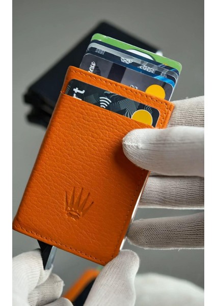 Hakiki Deri Turuncu 12 Kart Kapasiteli Rfıd Korumalı Mekanizmalı Kartlık fiyatları