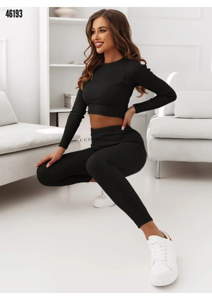 Kadın Siyah Kaşkorse Kumaş Crop Üst ve Yüksek Bel Tayt Spor Günlük Iki Parça Takım