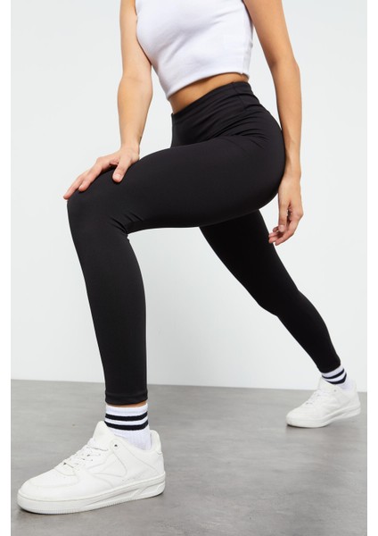 Siyah Yüksek Bel Streç Slim Fit Dar Paça Kadın Tayt - 94545