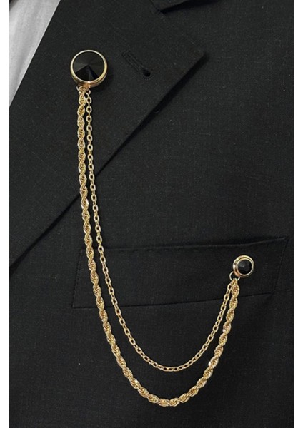 Gold Renk Siyah Taşlı Ceket & Damatlık & Blazer Zincirli Yaka Aksesuarı