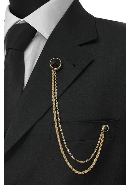 Gold Renk Siyah Taşlı Ceket & Damatlık & Blazer Zincirli Yaka Aksesuarı fiyatları