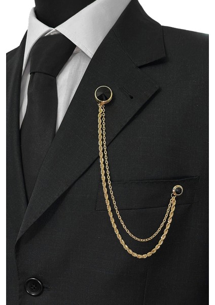 Gold Renk Siyah Taşlı Ceket & Damatlık & Blazer Zincirli Yaka Aksesuarı modelleri