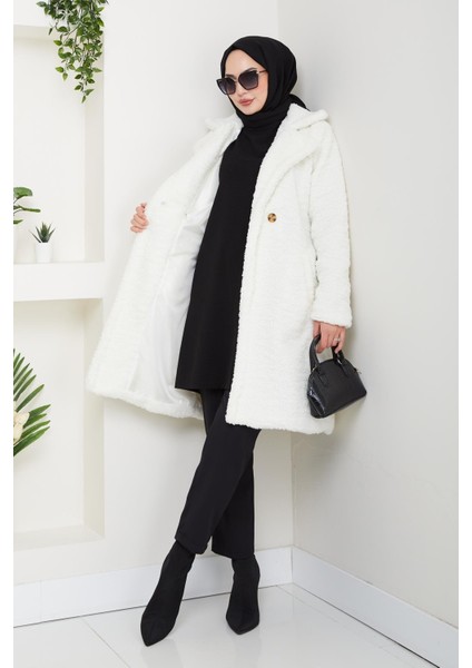 Kadın Kürk Kumaş Astarlı Düğmeli Beyaz Kaban fiyatları