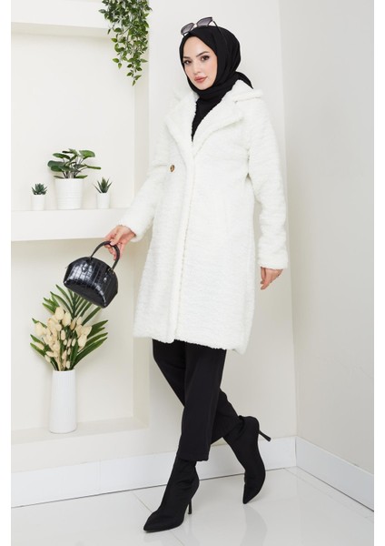 Kadın Kürk Kumaş Astarlı Düğmeli Beyaz Kaban fırsatları