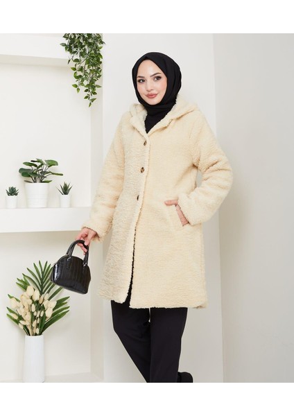 Kadın Kürk Kumaş Astarlı Düğmeli Kapüşonlu Bej Kaban