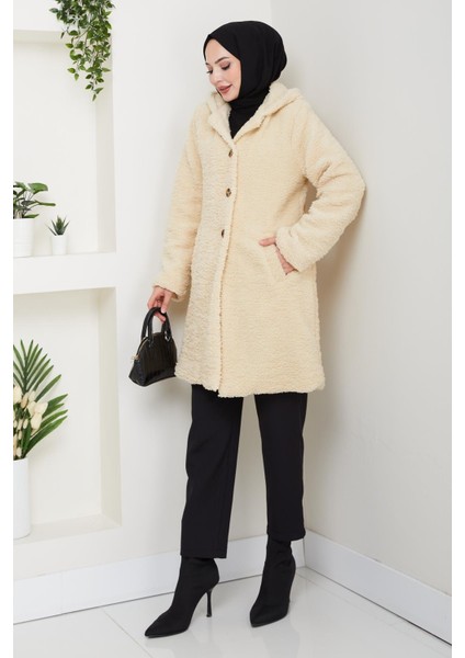 Kadın Kürk Kumaş Astarlı Düğmeli Kapüşonlu Bej Kaban fiyatları