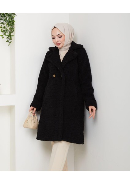 Kadın Kürk Kumaş Astarlı Düğmeli Siyah Kaban