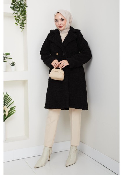 Kadın Kürk Kumaş Astarlı Düğmeli Siyah Kaban modelleri