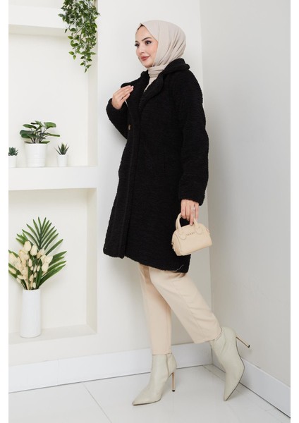 Kadın Kürk Kumaş Astarlı Düğmeli Siyah Kaban fırsatları