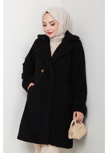 Kadın Kürk Kumaş Astarlı Düğmeli Siyah Kaban indirimleri