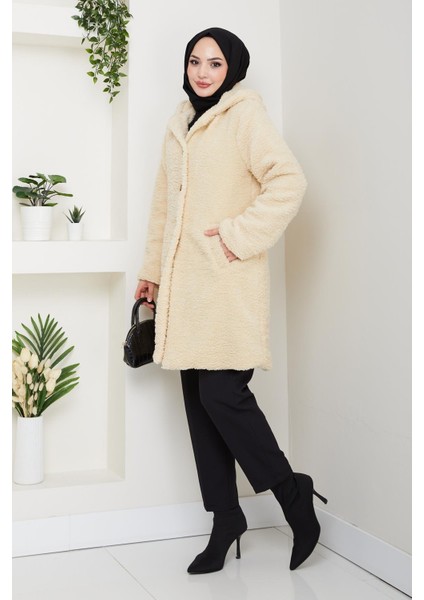 Kadın Kürk Kumaş Astarlı Düğmeli Kapüşonlu Bej Kaban modelleri