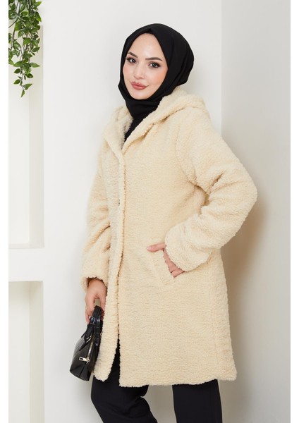 Kadın Kürk Kumaş Astarlı Düğmeli Kapüşonlu Bej Kaban fırsatları