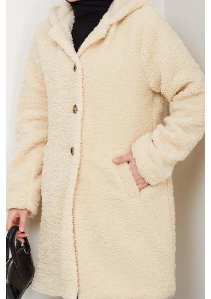 Kadın Kürk Kumaş Astarlı Düğmeli Kapüşonlu Bej Kaban indirimleri