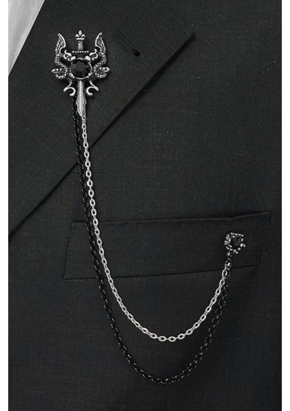 Gümüş Renk Retro Ejderha ve Kılıç Ceket & Damatlık & Blazer Zincirli Yaka Aksesuarı