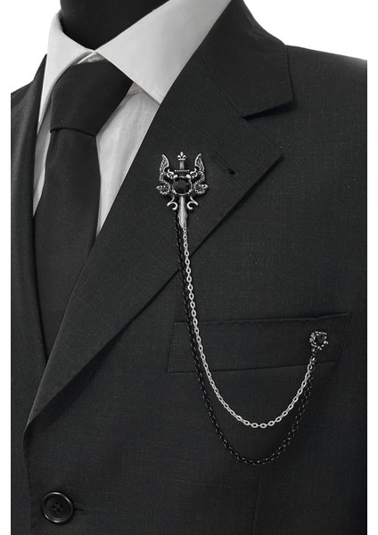 Gümüş Renk Retro Ejderha ve Kılıç Ceket & Damatlık & Blazer Zincirli Yaka Aksesuarı fiyatları