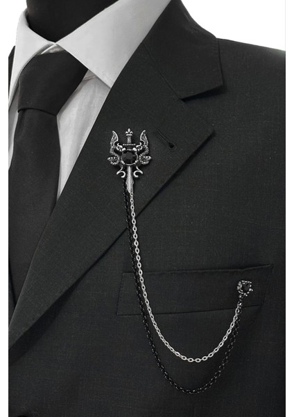 Gümüş Renk Retro Ejderha ve Kılıç Ceket & Damatlık & Blazer Zincirli Yaka Aksesuarı modelleri