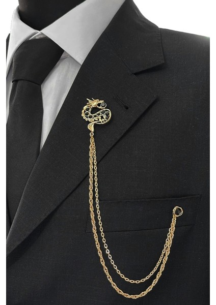 Gold Renk Ejderha Siyah Taşlı Ceket & Damatlık & Blazer Zincirli Yaka Aksesuarı fiyatları