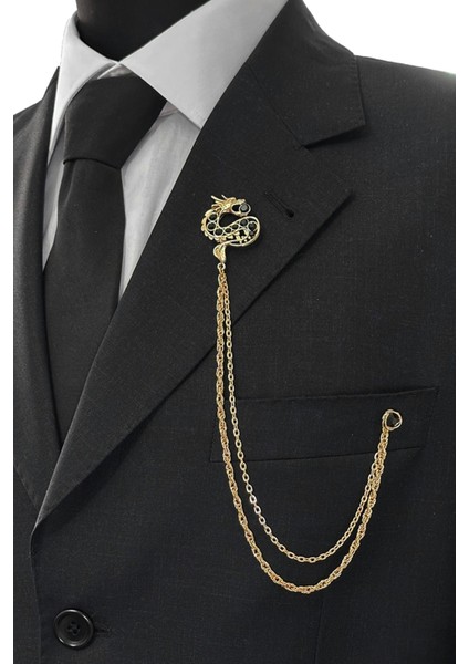 Gold Renk Ejderha Siyah Taşlı Ceket & Damatlık & Blazer Zincirli Yaka Aksesuarı modelleri