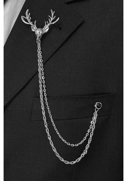 Gümüş Renk Geyik Figürlü Ceket & Damatlık & Blazer Zincirli Yaka Aksesuarı & Iğnesi