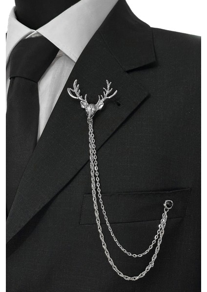 Gümüş Renk Geyik Figürlü Ceket & Damatlık & Blazer Zincirli Yaka Aksesuarı & Iğnesi fiyatları