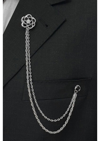 Gümüş Renk Siyah Taşlı Ceket & Damatlık & Blazer Zincirli Yaka Aksesuarı