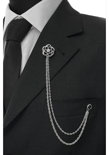 Gümüş Renk Siyah Taşlı Ceket & Damatlık & Blazer Zincirli Yaka Aksesuarı fiyatları