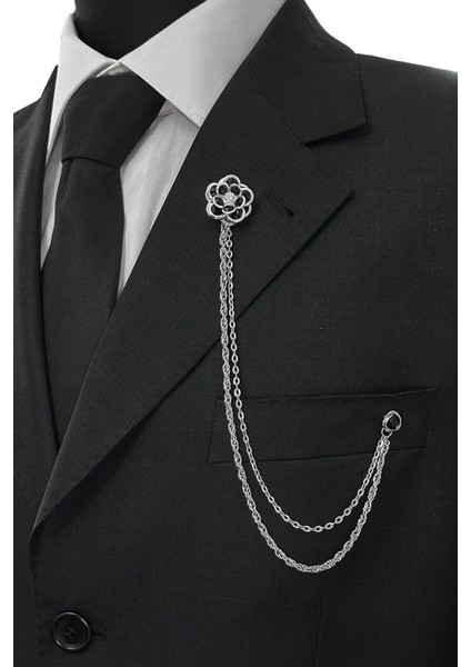 Gümüş Renk Siyah Taşlı Ceket & Damatlık & Blazer Zincirli Yaka Aksesuarı modelleri