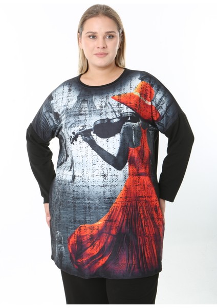 Yünlü Viskon Desenli Likralı Kadın Büyük Beden Tunik