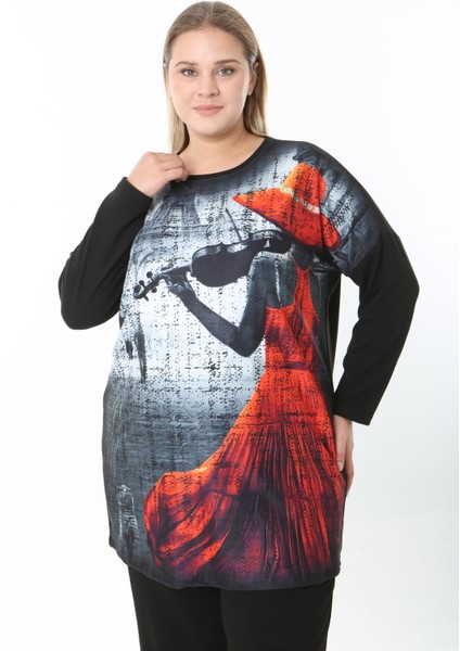 Yünlü Viskon Desenli Likralı Kadın Büyük Beden Tunik fırsatları