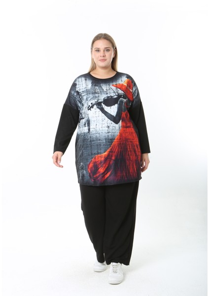 Yünlü Viskon Desenli Likralı Kadın Büyük Beden Tunik