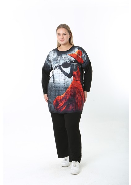 Yünlü Viskon Desenli Likralı Kadın Büyük Beden Tunik