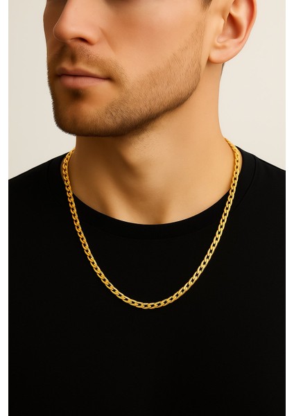 Altın Renk Cuban Ince Paslanmaz Çelik Unisex Erkek Zincir Kolye 55 Cm. Çelik Kolye - 3336