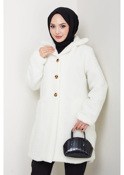 Kadın Kürk Kumaş Astarlı Düğmeli Beyaz Cepli Kaban