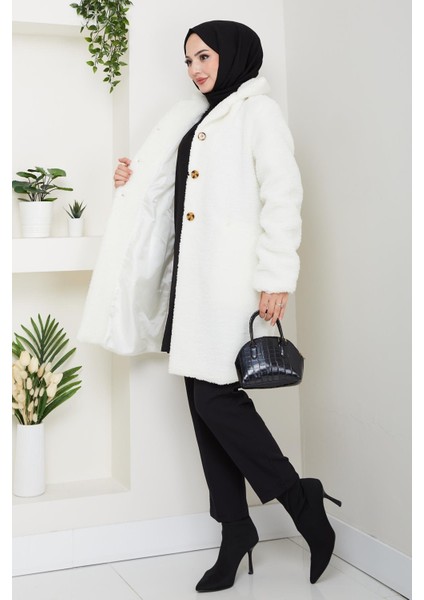 Kadın Kürk Kumaş Astarlı Düğmeli Beyaz Cepli Kaban fiyatları